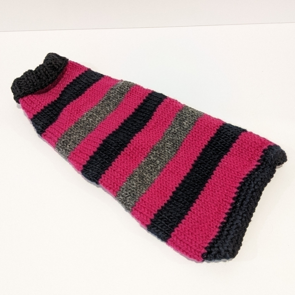 Handmade Jand Knit Pink And Black Striped Dog Sweater Medium